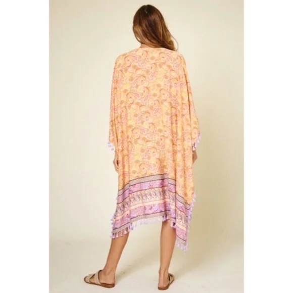 Lavender Paisley Printed Kimono Bohemian Cardigan w/ Tassels Fringe - Picture 5 of 6
